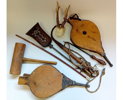 Mixed lot to include antique bellows, vintage deer antlers, agricultural  tools, fire iron shovel and hardwood mallet