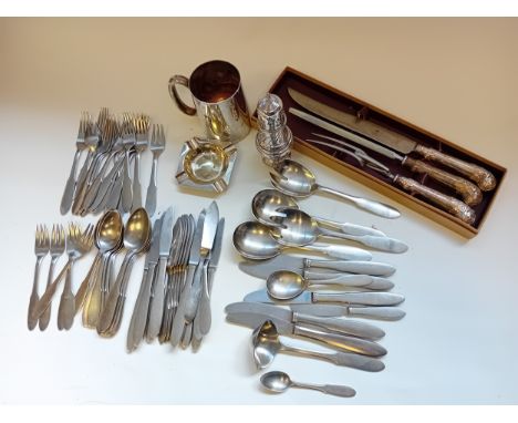 Collection of EPNS to include Cardinal plated tankard, Pepper Caster, vintage ashtray, carving set in case and cutlery, mostl