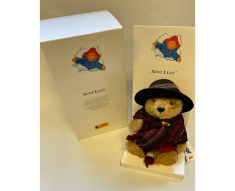 Aunt Lucy Steiff Bear dressed in her unmistaken traditional outfit, of her Shawl, hat and gold framed glasses in Original box