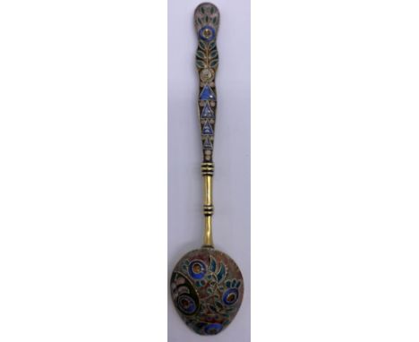 Russian silver gilt and enamel small spoon88 Kokoshnik marks to stem, the stemshaped and enamelled, knopped gilt stemthe bowl