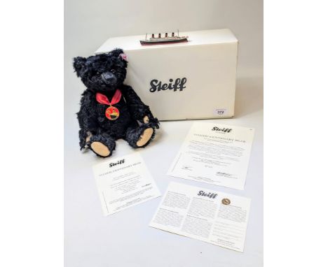 RMS Titanic Steiff Bear - Black, Comes with RMS Titanic medallion and Titanic Figure [26cm, No.666]. In original box with Cer