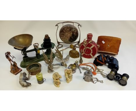 Collectable odds to include vintage Cast iron kitchen scales, Plated Fighting Roasters, Japanese carved figure's, Cased Binoc