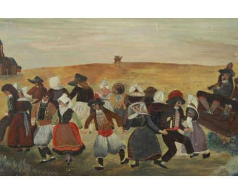 Continental 19th century school, Circle of Dancers in Traditional Clothing, oil on panel, French gallery label verso. H.45 W.