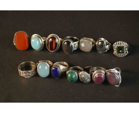 A collection of fourteen gem set and silver rings, set with tiger's eye, ruby, malachite, carnelian, marcasite, lapis lazuli 