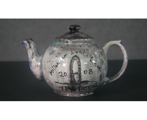 STOT21stCplanB (Harry Adams), 20th Century, Millennium Death Wheel teapot, glazed and hand painted ceramic tea pot. Stamped t