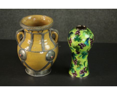 A Korean 99% silver and cloisonné enamel vine design vase along with a Moroccan ceramic twin handled vase with wire detailing