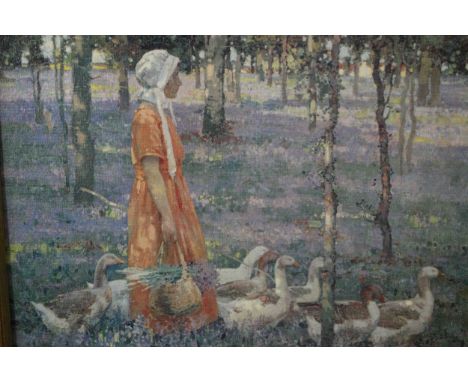 19th century school, Girl Walking with Geese, oleograph print on canvas. H.48 W.60cm. 