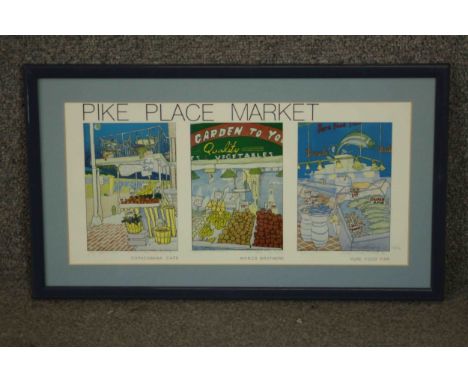 A framed and glazed limited edition triptych coloured lithograph of Pike Place Market, titled and indistinctly signed. H.28 W