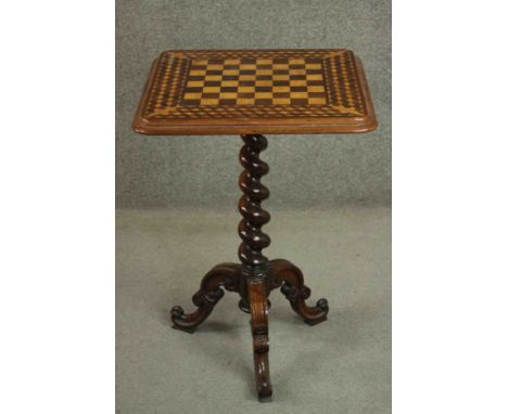 A mid Victorian rosewood and satinwood chessboard inlaid occasional table on spiral twist support and carved tripod base. H.7