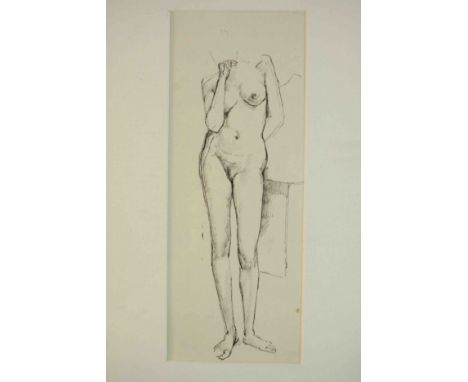 A framed and glazed pen and ink sketch of a female nude, unsigned. H.42 W.31cm.