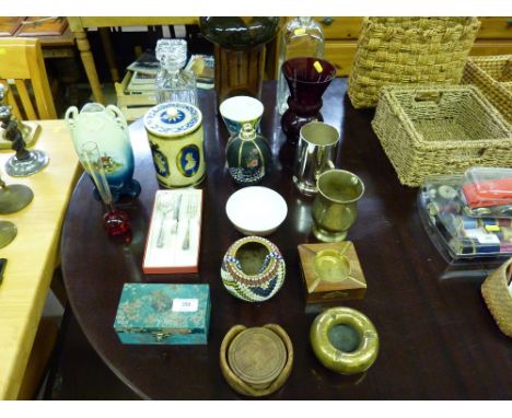 A glass decanter and stopper; two tankards; a red glass vase; a pottery vase etc.