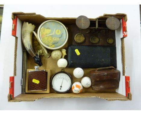 A tray containing a set of postal scales; a pair of opera glasses; a horn etc.