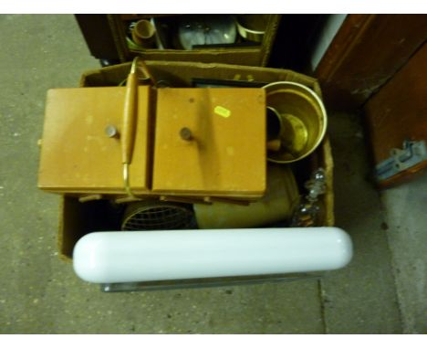 A box containing a cantilever sewing box; a barometer; a wall clock and various other sundries together with a gilt framed wa
