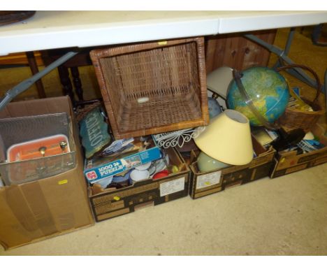 Four boxes containing a world globe; maps; a large quantity of various sundries; a wicker basket etc.