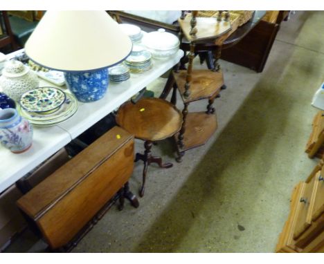 An oak standard lamp; a late Victorian walnut Sutherland table; a wine table and a Victorian walnut whatnot