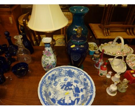 A Denby table lamp; a gilded table lamp; a blue and white bowl etc.