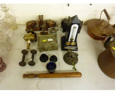 A Queen Victoria Jubilee pedestal barometer; two pairs of elephant bookends; a truncheon; a brass trinket box etc.