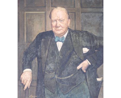 A modern oil on canvas portrait painting of Winston Churchill
