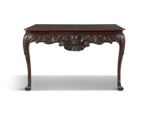 AN IRISH GEORGE III MAHOGANY CONSOLE TABLE, the later plain top with moulded rim above a leaf scrolled apron on a cross-hatch