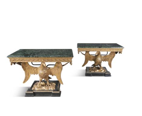 A PAIR OF 19TH CENTURY GEORGE III STYLE GILTWOOD CONSOLE TABLES, in the manner of William Kent, the green variegated marble t