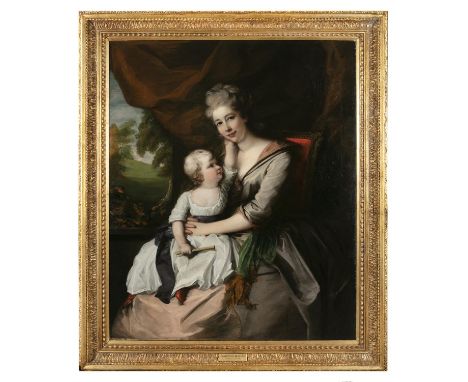 NATHANIEL HONE (1718 - 1784)Portrait of a mother and child seated in an elegant draped interiorOil on canvas, 127 x 102cmNath