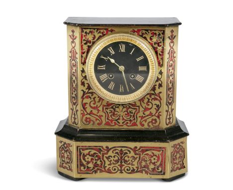 *PLEASE NOTE WRONG EASTIMATE IN THE CATALOGUE* A 19TH CENTURY EBON AND BOULLE WORK MANTLE CLOCK, of upright rectangular form,