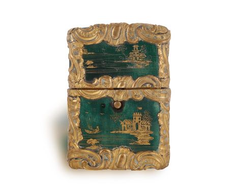 AN 18TH CENTURY FRENCH GILT METAL AND ENAMEL DOUBLE PERFUME BOTTLE, decorated in chinoiserie manner, with coastal landscape o