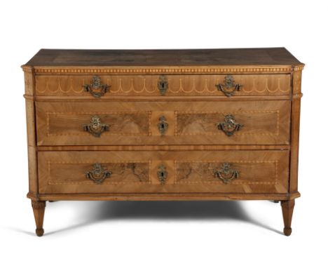 AN ITALIAN WALNUT MARQUETRY AND ORMOLU MOUNTED COMMODE, late 18th century, of rectangular form, with angled corners, the soli