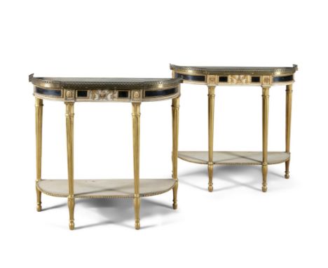 A PAIR OF GEORGE III GILTWOOD AND PAINTED TIMBER CONSOLE TABLES, with simulated marble tops and brass galleries, decorated wi