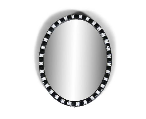 A RARE IRISH OVAL GLASS STUDDED MIRROR, late 18th Century, with alternate blue and white gilded enamel studs, with later labe