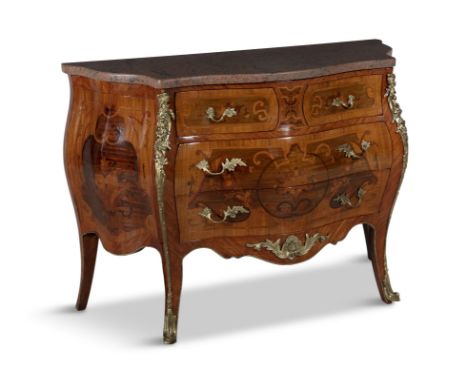AN ITALIAN KINGWOOD, OLIVEWOOD AND MARBLE TOP COMMODE, in Louis XV style, of bombe shape, fitted with two short and two long 