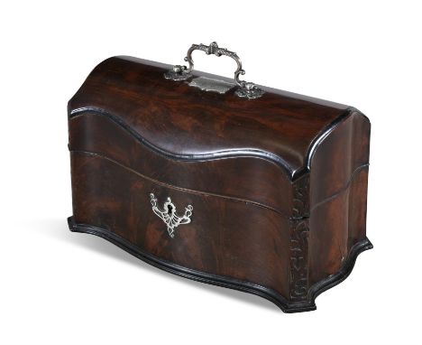 A 19TH CENTURY CHIPPENDALE STYLE WALNUT TEA CADDY, of serpentine form, the hinged lid with initialled white metal presentatio