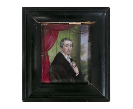 19TH CENTURY SCHOOLMiniature portrait of an educated gentleman, holding a book at a window settingGouache on porcelain, 12 x 