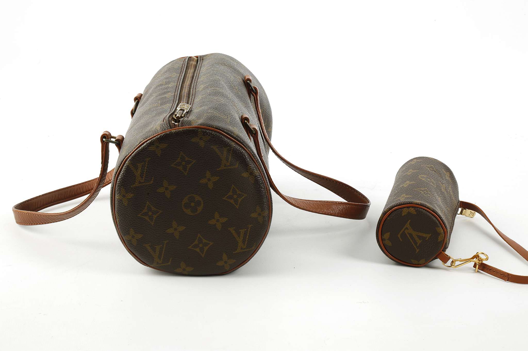 LOUIS VUITTON PAPILLON 30 AND MINI PAPILLON SET, date code for 1984, monogram canvas with tan lea