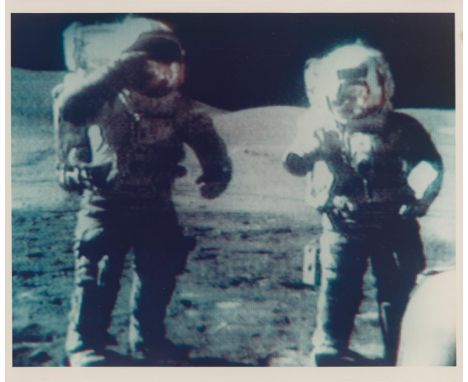 Colour RCA TV camera mounted on the Lunar RoverGene Cernan and Harrison Schmitt's salute from Taurus-Littrow landing site, EV