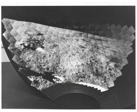 Spherical lunar mosaic composed of narrow angle photographs taken by the spacecraft showing the spacecraft's footpad on lunar