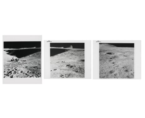 James IrwinThree views taken at station 2 at St George Crater, the first (showing Dave Scott with the Rover) in the first B&W