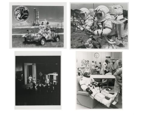 Four photographs of the Apollo 17 pre-flight activities, including an official NASA portrait of the Apollo 17 crew, pre-launc