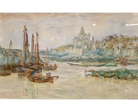 Alexander Ballingall (Scottish, 1870-1910) 'St Monans, Fife', large scale harbour view gazing towards St Monans Parish Church