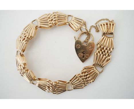 A 9ct gold fancy gate-link bracelet with heart-shaped padlock clasp, 19.9g