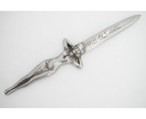 A 1945 dated Italian cast-alloy souvenir knife, the hilt modelled as a female nude, the blade engraved "Naples-1945" and in a