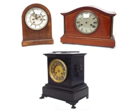 French black slate two train mantel clock striking on a bell, the 4.5" gilded chapter ring enclosing a recessed engine turned