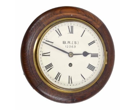 Railway oak cased single fusee 8" wall dial clock, the cream dial inscribed B.R.(S), 12363, the movement back plate also stam
