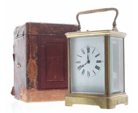 French repeater carriage clock striking on a gong, the movement back plate stamped with the maker's initials E.G.L within an 