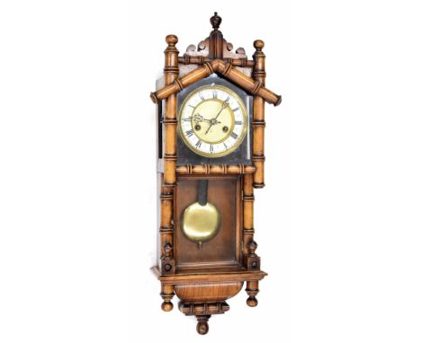 Unusual walnut small two train Vienna regulator wall clock, the 5" cream chapter ring enclosing a recessed gilded centre, wit