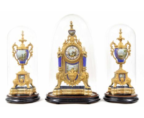 Good French ormolu and porcelain mounted two train mantel clock garniture, the 3.5" convex porcelain dial with Roman numerals