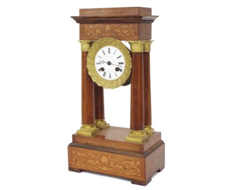 Small French rosewood inlaid two train portico mantel clock, the movement with outside countwheel and striking on a bell, the