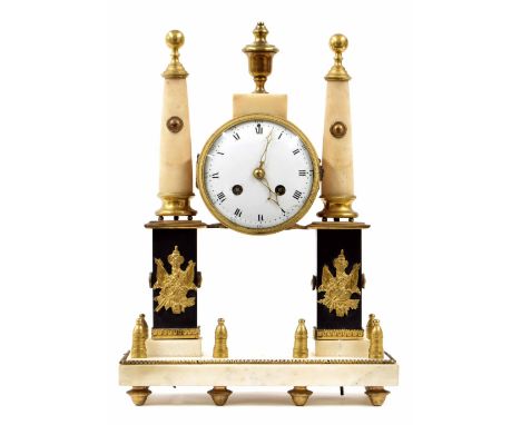 Small French white and black marble ormolu mounted two train portico mantel clock, the movement with platform escapement stri