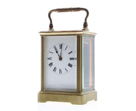 Carriage clock timepiece, the movement back plate bearing the trademark logo of Henri Jacot no. 4422, within a corniche brass