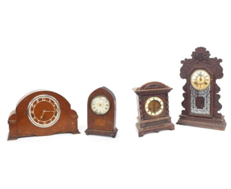 Ansonia gingerbread two train mantel clock, 22.5" high (pendulum and key); also three other various mantel clocks in need of 